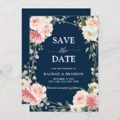 Blush Pink Floral Navy Geometric Save the Date (Voorkant / Achterkant)