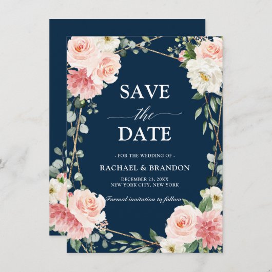 Blush Pink Floral Navy Geometric Save the Date (Voorkant / Achterkant)