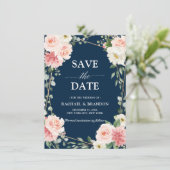 Blush Pink Floral Navy Geometric Save the Date (Staand voorkant)