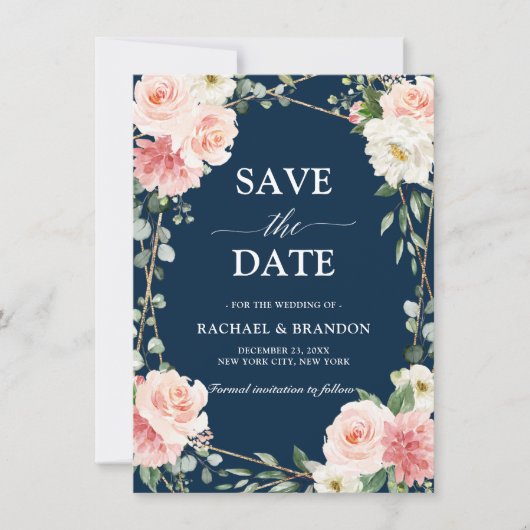 Blush Pink Floral Navy Geometric Save the Date (Voorkant)