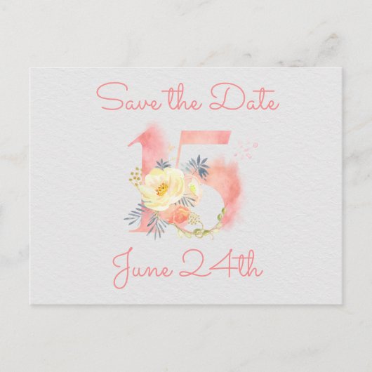 Blush Pink Floral Nummer 15 Bewaar de datum Aankondigingskaart (Voorkant)