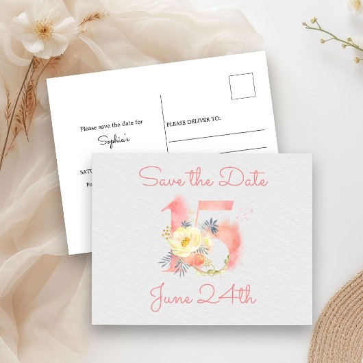 Blush Pink Floral Nummer 15 Bewaar de datum Aankondigingskaart