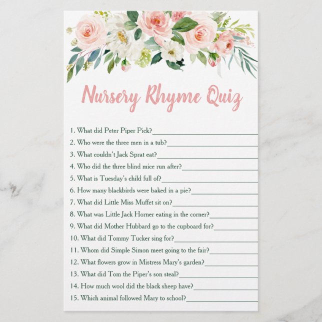 Blush Pink Floral Nursery Rhyme Baby shower Game (Voorkant)