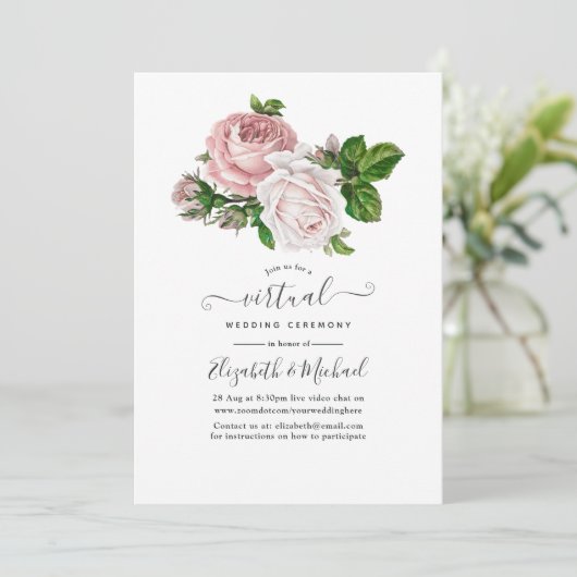 Blush Pink Floral Online Virtual Wedding Kaart (Staand voorkant)
