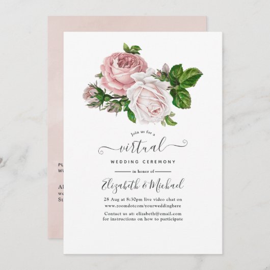 Blush Pink Floral Online Virtual Wedding Kaart (Voorkant / Achterkant)