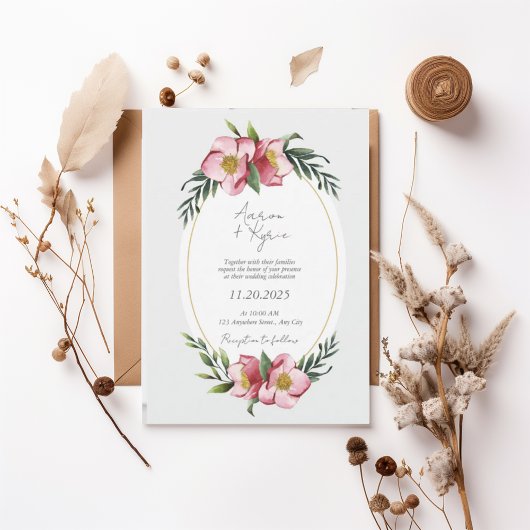 Blush Pink Floral Oval Wedding Invitation Kaart