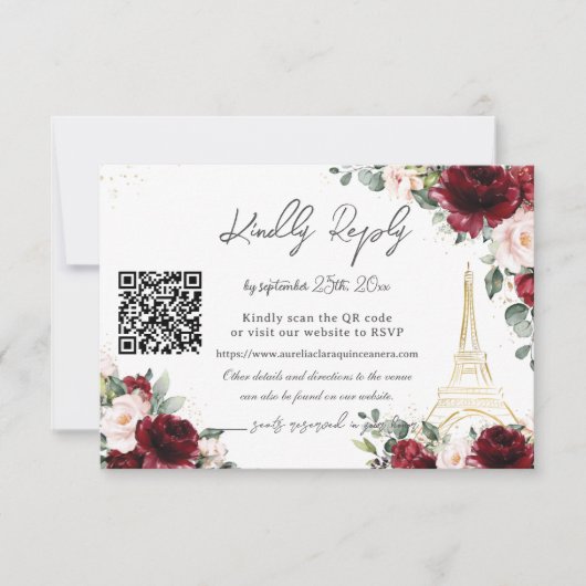 Blush Pink Floral Paris Eiffel Quinceañera QR  RSVP Kaartje (Voorkant)