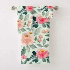 Blush Pink Floral Pattern Mint Bad Handdoek