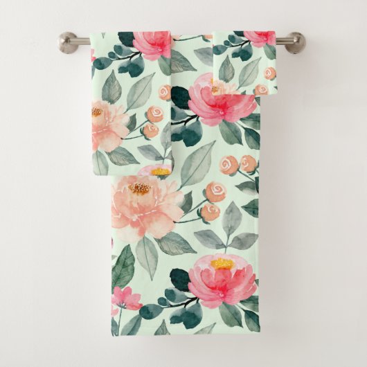 Blush Pink Floral Pattern Mint Bad Handdoek (Insitu)