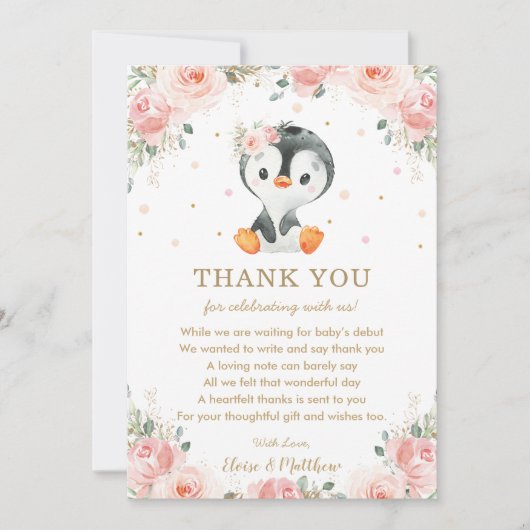 Blush Pink Floral Penguin Baby shower Birthday  Bedankkaart (Voorkant)