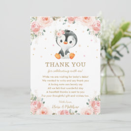 Blush Pink Floral Penguin Baby shower Birthday  Bedankkaart