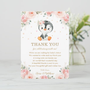 Blush Pink Floral Penguin Baby shower Birthday Bedankkaart