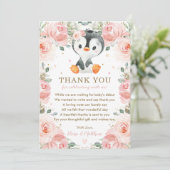 Blush Pink Floral Penguin Baby shower Verjaardag Bedankkaart (Staand voorkant)