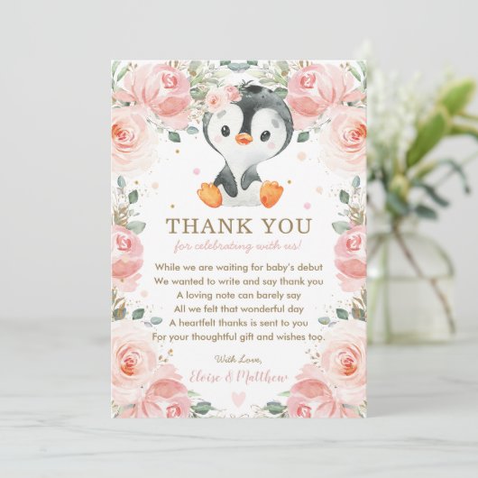 Blush Pink Floral Penguin Baby shower Verjaardag Bedankkaart (Staand voorkant)