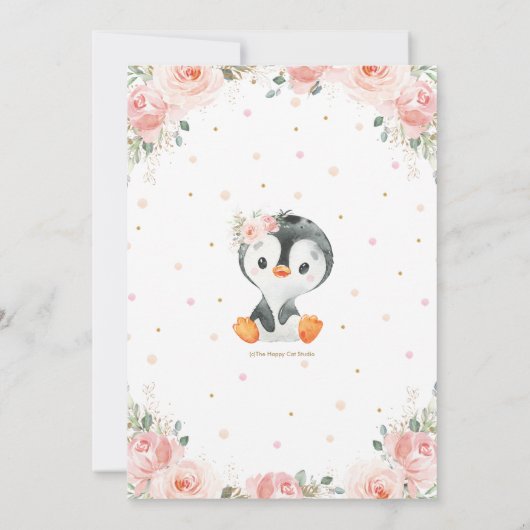 Blush Pink Floral Penguin Baby shower Verjaardag Bedankkaart (Achterkant)