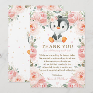 Blush Pink Floral Penguin Baby shower Verjaardag Bedankkaart