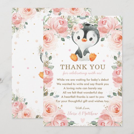 Blush Pink Floral Penguin Baby shower Verjaardag Bedankkaart (Voorkant / Achterkant)