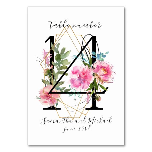 Blush Pink Floral Peony Gold Table Number 14 Sign Kaart (Achterkant)