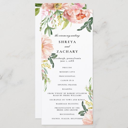 Blush Pink Floral Peony huwelijksceremonie program Programmakaart (Voorkant / Achterkant)