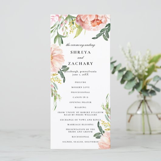Blush Pink Floral Peony huwelijksceremonie program Programmakaart (Staand voorkant)