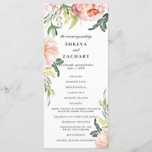 Blush Pink Floral Peony huwelijksceremonie program Programmakaart (Voorkant)