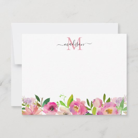 Blush Pink Floral Peony Pastel Feminine Monogram Notitiekaartje (Voorkant)