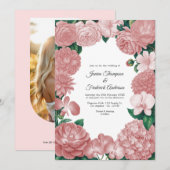 Blush Pink Floral Photo and QR Code Wedding Kaart (Voorkant / Achterkant)
