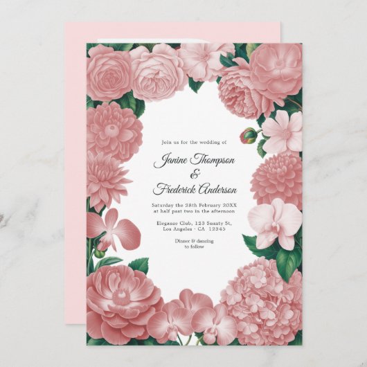 Blush Pink Floral Photo and QR Code Wedding Kaart (Voorkant / Achterkant)