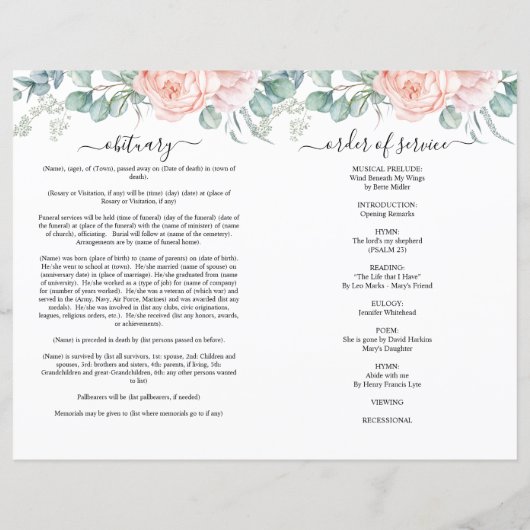 Blush Pink Floral Photo Funeral Full Programme (Achterkant)