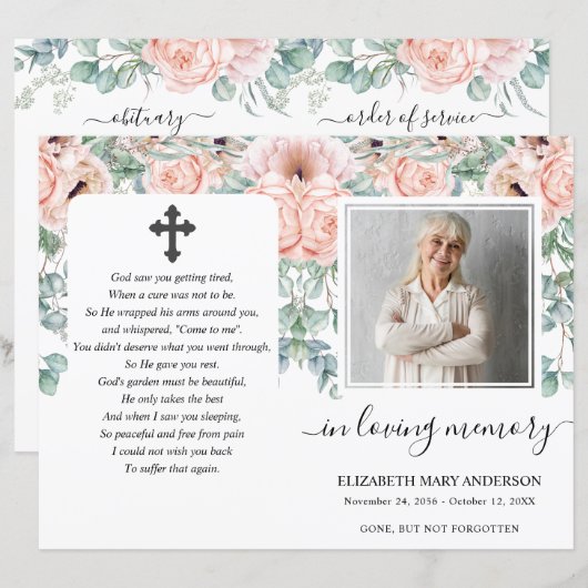 Blush Pink Floral Photo Funeral Full Programme (Voorkant / Achterkant)