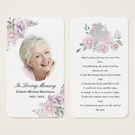 Blush Pink Floral Photo Funeral Prayer Card Visitekaartje (Voorkant /achterkant)