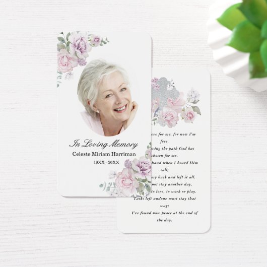 Blush Pink Floral Photo Funeral Prayer Card Visitekaartje (Bureau)