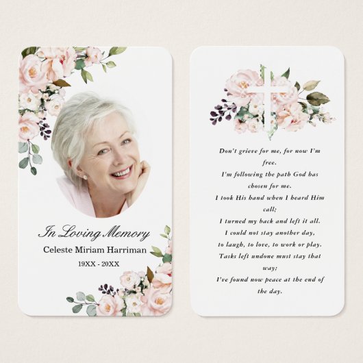 Blush Pink Floral Photo Funeral Prayer Card Visitekaartje (Voorkant /achterkant)