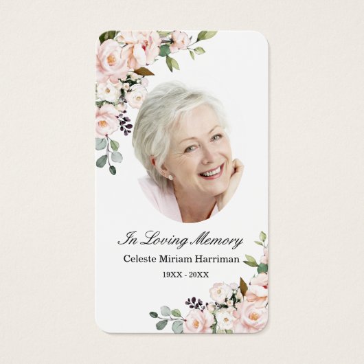 Blush Pink Floral Photo Funeral Prayer Card Visitekaartje (Voorkant)