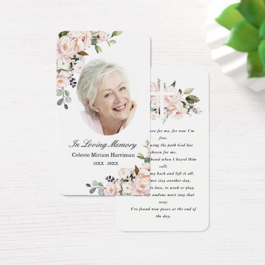 Blush Pink Floral Photo Funeral Prayer Card Visitekaartje (Bureau)