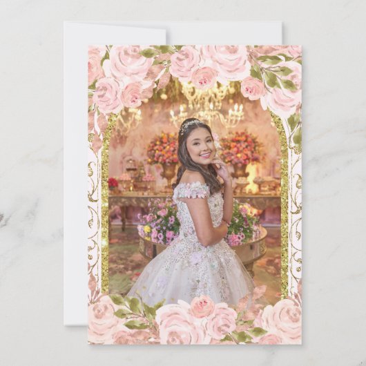 Blush Pink Floral Princess Arch Foto Quinceanera Kaart (Achterkant)