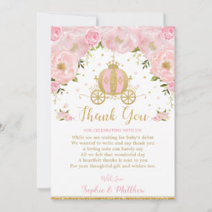 Blush Pink Floral Princess Baby shower Carriage Bedankkaart