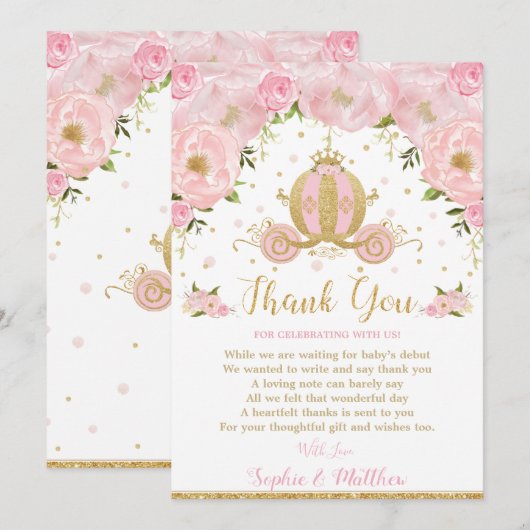Blush Pink Floral Princess Baby shower Carriage Bedankkaart (Voorkant / Achterkant)