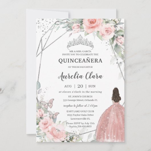 Blush Pink Floral Princess Butterflies Quinceañera Kaart (Voorkant)