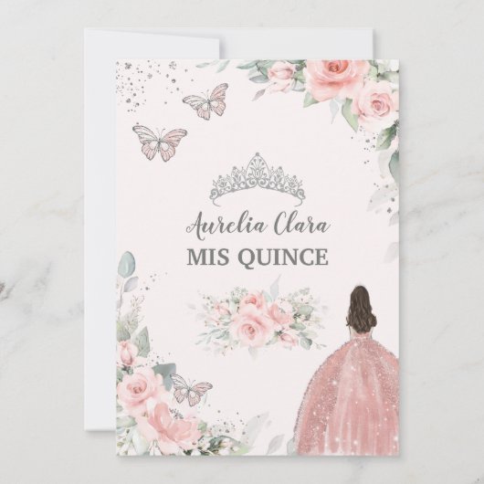 Blush Pink Floral Princess Butterflies Quinceañera Kaart (Achterkant)