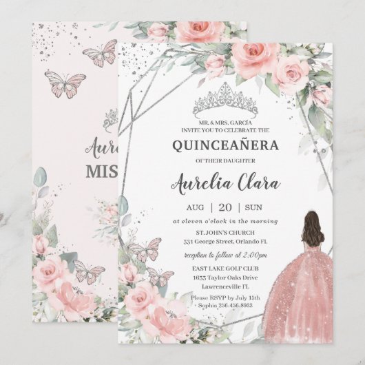 Blush Pink Floral Princess Butterflies Quinceañera Kaart (Voorkant / Achterkant)