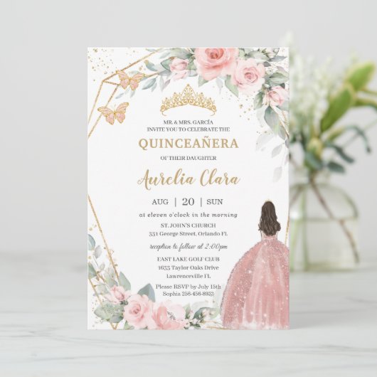 Blush Pink Floral Princess Butterflies Quinceañera Kaart (Staand voorkant)