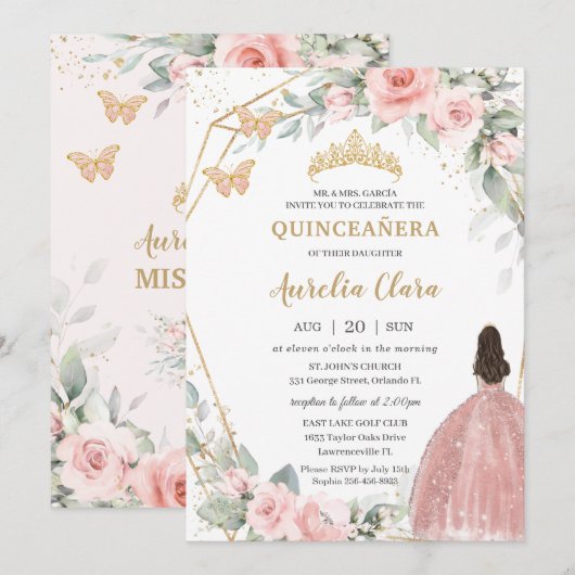Blush Pink Floral Princess Butterflies Quinceañera Kaart (Voorkant / Achterkant)