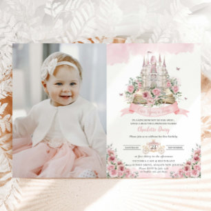Blush Pink Floral Princess Castle Storybook Foto Kaart