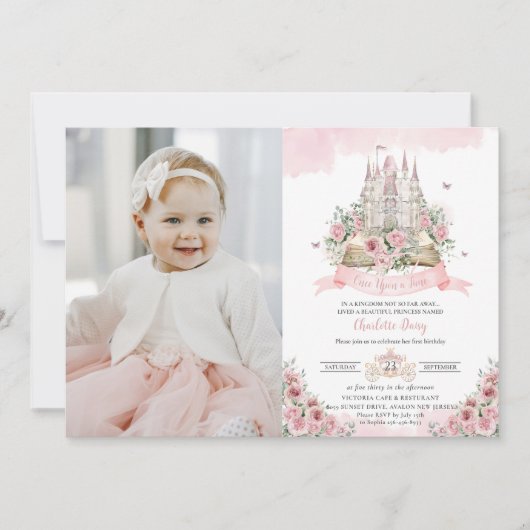 Blush Pink Floral Princess Castle Storybook Foto Kaart (Voorkant)