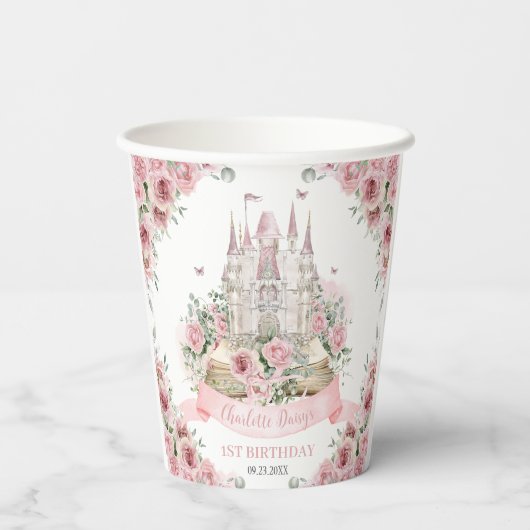 Blush Pink Floral Princess Castle Verhalenboek Papieren Bekers (Achterkant)