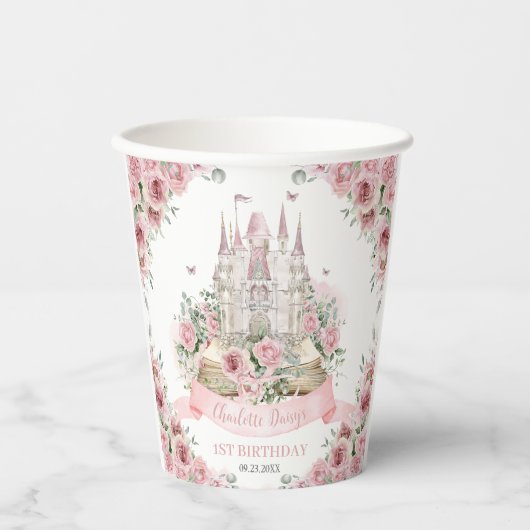 Blush Pink Floral Princess Castle Verhalenboek Papieren Bekers (Voorkant)