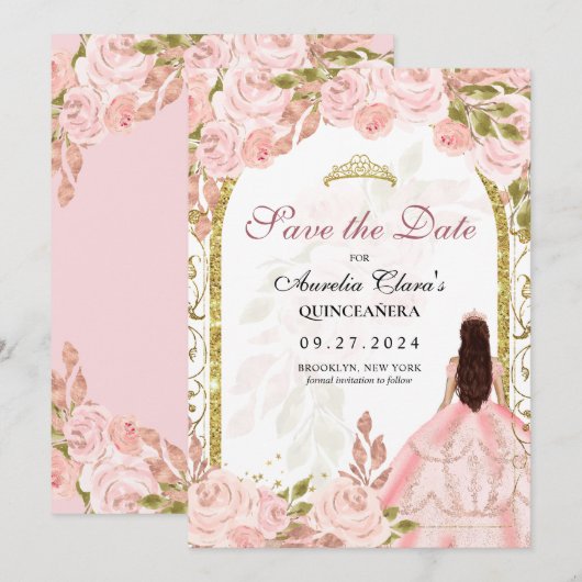 Blush Pink Floral Princess Gold Arch Quinceanera Aankondiging (Voorkant / Achterkant)