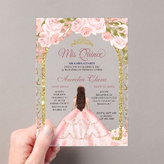 Blush Pink Floral Princess Gold Arch Quinceanera Acryl Uitnodigingen (Insitu (Draagbaar))
