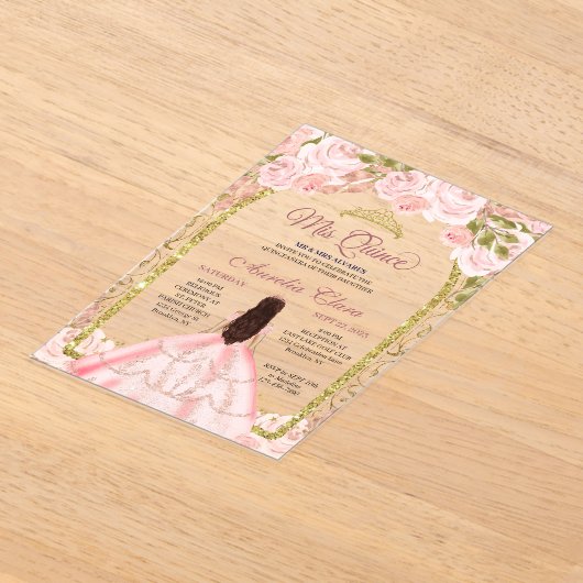 Blush Pink Floral Princess Gold Arch Quinceanera Acryl Uitnodigingen (Laagn)